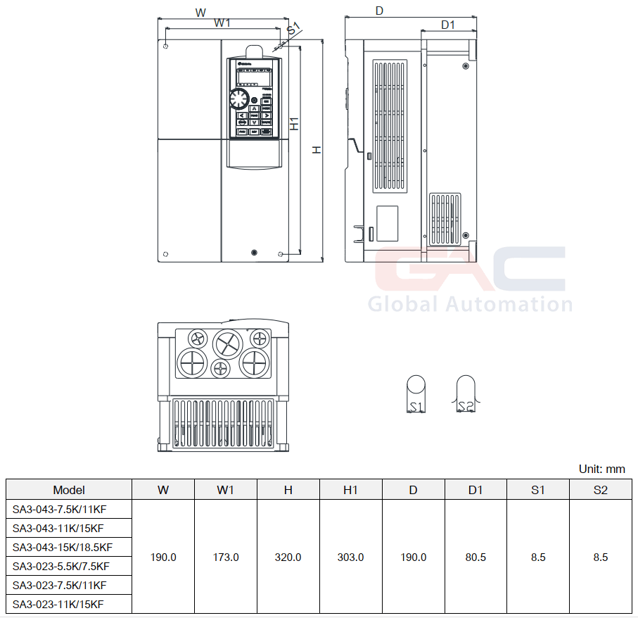 Bản vẽ Biến tần SA3-043-15K/18.5KF